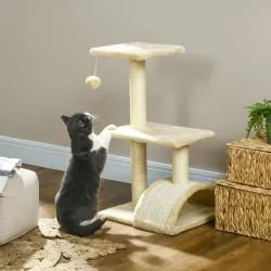 Árbol para Gatos de 3 Niveles Torre para Gatos con Postes de Sisal Tablero para Rascar y Bola Colgante Crema - Ogal.Es