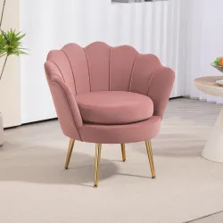 Butaca Tapizada en Terciopelo Butaca de Dormitorio con Respaldo en Forma de Concha y Patas Doradas 76x67x74 cm Rosa - Ogal.Es