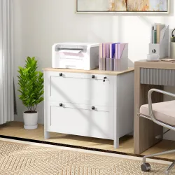 Mueble Archivador con 2 Cajones 2 Barras Colgantes Cerradura y 2 Llaves para Tamaño A4 79x40x72 cm Blanco y Roble - Ogal.Es