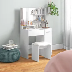 Tocador de Maquillaje con Taburete Espejo Cajón Estante Ajustable y Estantes Abiertos Anti-vuelco Blanco y Beige - Ogal.Es