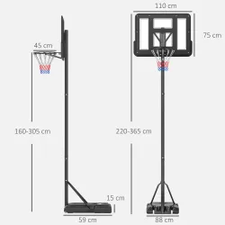 Canasta de Baloncesto con Altura Ajustable 220-365 cm Aro de Baloncesto con Soporte Ruedas Base Rellenable Negro - Ogal.Es