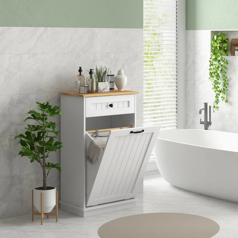 Armario de Baño con Cajón Cesto para la Ropa y Diseño Anti-vuelco Mueble de Baño Moderno 52x33x90 cm Blanco - Ogal.Es
