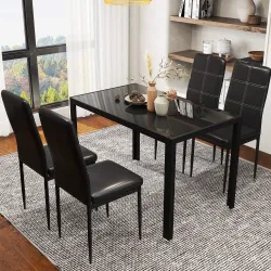 Conjunto de Comedor de Mesa y 4 Sillas 5 Piezas Mesa Rectangular de Vidrio Templado y Sillas Tapizadas en PU Negro - Ogal.Es