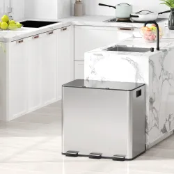 Papelera Cocina de Acero Inoxidable con 3 Compartimentos 3x15L con Pedales Tapas de Cierre Suave y Cubo Extraíbl... - Ogal.Es