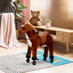 Caballo de Juguete para Niños de +2 Años con Ruedas Sonidos y Estructura de Metal Carga 60kg 65x28x75 cm Marrón - Ogal.Es
