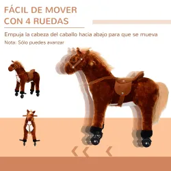 Caballo de Juguete para Niños de +2 Años con Ruedas Sonidos y Estructura de Metal Carga 60kg 65x28x75 cm Marrón - Ogal.Es