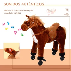 Caballo de Juguete para Niños de +2 Años con Ruedas Sonidos y Estructura de Metal Carga 60kg 65x28x75 cm Marrón - Ogal.Es