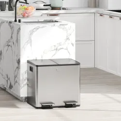 Papelera Cocina de Acero Inoxidable con 2 Compartimentos 2x15L Pedal Tapas de Cierre Suave y Cubo Extraíble Plata - Ogal.Es