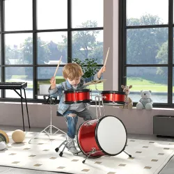 Batería para Niños de +3 Años con Taburete Ajustable Tambores Bombo Platillo Pedal y Baquetas 80x60x48-65 cm Rojo - Ogal.Es