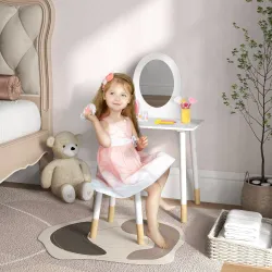 Tocador de Maquillaje para Niñas de +3 Años Tocador Infantil con Taburete y Espejo Diseño Sencillo Blanco - Ogal.Es