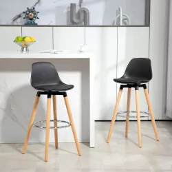 Juego de 2 Taburetes Altos de Cocina 69 cm Tapizado en PU con Respaldo Patas de Madera para Comedor Negro - Ogal.Es