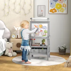 Caballete de Pintura para Niños 3 en 1 Pizarra de Doble Cara con Rollo de Papel y Cestas de Almacenamiento Gris - Ogal.Es