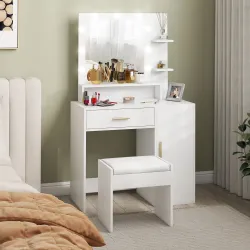 Tocador de Maquillaje con Taburete Espejo LED Cajones Estante Ajustable y Estantes Abiertos para Dormitorio Blanco - Ogal.Es