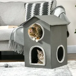 Cama para Gatos de 2 Niveles Cueva para Gatos con 3 Puertas y Cojines Lavables 42x46x59,5 cm Gris - Ogal.Es