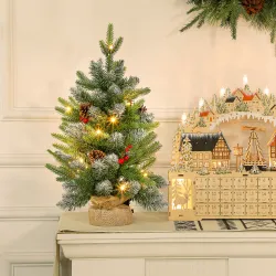 Árbol de Navidad Sobremesa 60 cm con 20 Luces LED 141 Ramas 5 Piñas 5 Racimos de Bayas Rojas y Soporte de Metal ... - Ogal.Es