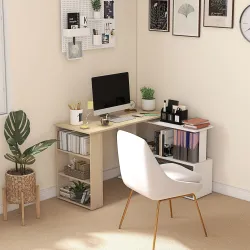 Escritorio en L con Estantería Mesa de Escritorio con Estantes para Oficina Estudio 120x110x74,5 cm Natural y Bl... - Ogal.Es
