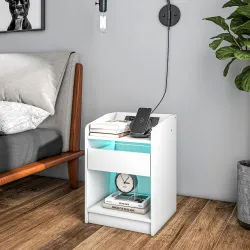 Mesilla de Noche con Luces LED Cajón Estante Estación de Carga Puertos USB y Control Remoto 40x40x58 cm Blanco - Ogal.Es