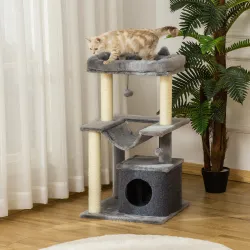 Árbol para Gatos Altura 90 cm de 3 Niveles con Nido Plataforma Bolas Colgantes y Poste de Sisal 48x48x90 cm Gris - Ogal.Es