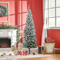 Árbol de Navidad Estrecho 180 cm Árbol Navideño Nevado con 492 Ramas y Soporte de Metal para Salón Verde y Blanco - Ogal.Es