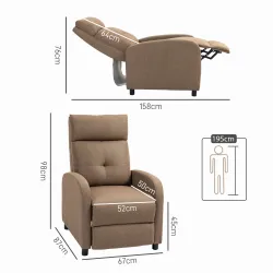 Sillón Reclinable Manual Sofá Individual con Reclinación hasta 155º Carga 150 kg Marrón - Ogal.Es