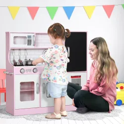 Cocina para Niños de +3 Años con Accesorios para Cocinar Pizarra Máquina de Hielo y Teléfono 83,8x26,8x81 cm Rosa - Ogal.Es