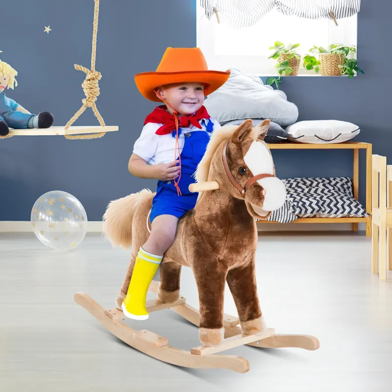 Caballo de Juguete para Niños de +3 Años con Asas Marco de Metal y Base de Madera Carga 40 kg 74x33x62 cm Marrón - Ogal.Es