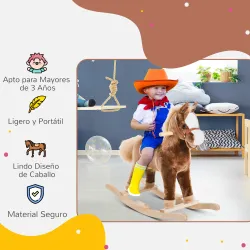 Caballo de Juguete para Niños de +3 Años con Asas Marco de Metal y Base de Madera Carga 40 kg 74x33x62 cm Marrón - Ogal.Es