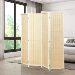 Biombo de 4 Paneles Plegable 180x180 cm Separador de Ambientes Tejido a Mano de Bambú Decoración para Salón Blanco - Ogal.Es