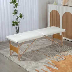 Camilla de Masaje Plegable con Marco de Madera con Altura Regulable y Bolsa de Transporte 186x60x61-87 cm Crema - Ogal.Es