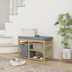 Mueble Zapatero con Asiento Cesta Extraíble y Estantes Abiertos para 4 Pares de Zapatos 69x30x45 cm Natural - Ogal.Es
