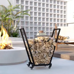 Soporte para Leña de Metal Leñero de Exterior con Ruedas y Ganchos para Herramientas 79x30x81 cm Negro - Ogal.Es