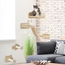 Rascador de Pared para Gatos con 2 Postes de Sisal Plataforma Doble con Escalera Suave y 1 Plataforma para Salta... - Ogal.Es