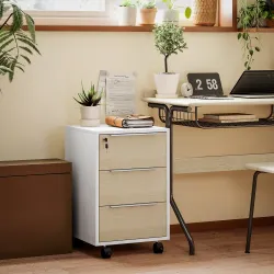 Mueble Archivador con Ruedas 3 Cajones Cerradura y 2 Llaves para Estudio Salón 40x40x63,5 cm Blanco y Roble - Ogal.Es