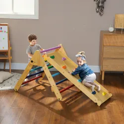 Triángulo de Escalada de Madera 3 en 1 con Rampa para Deslizarse o Escalar 147x64,5x63 cm Multicolor - Ogal.Es