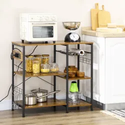 Estantería de Cocina con Toma de Corriente Estantes Ajustables Ganchos y Cesta Metálica 90x40x83 cm Marrón&nbsp;Rústico - Ogal.Es