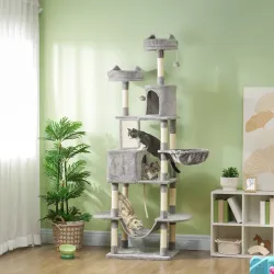 Árbol Rascador para Gatos Grande Altura 206 cm con Múltiples Niveles Cuevas Bolas Colgantes y Hamacas Gris - Ogal.Es