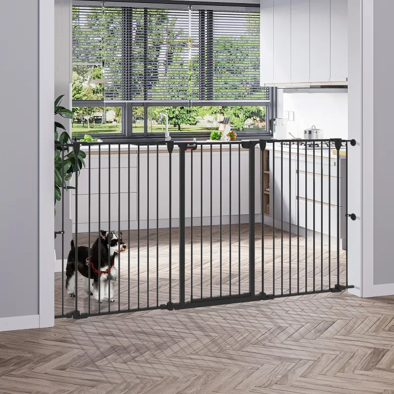 Valla para Mascotas de Acero Plegable con 3 Paneles Doble Cerradura y Función de Bloqueo Auxiliar 206x90 cm Negro - Ogal.Es