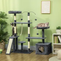 Rascador para Gatos 134 cm Torre para Gatos con Nidos Plataformas Bolas de Juguete y Postes de Sisal Gris Oscuro - Ogal.Es