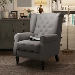 Sillón de Salón con Reposacabezas y Patas de Madera Butaca Carga 160 kg para Dormitorio Oficina Sala de Estar Gris - Ogal.Es