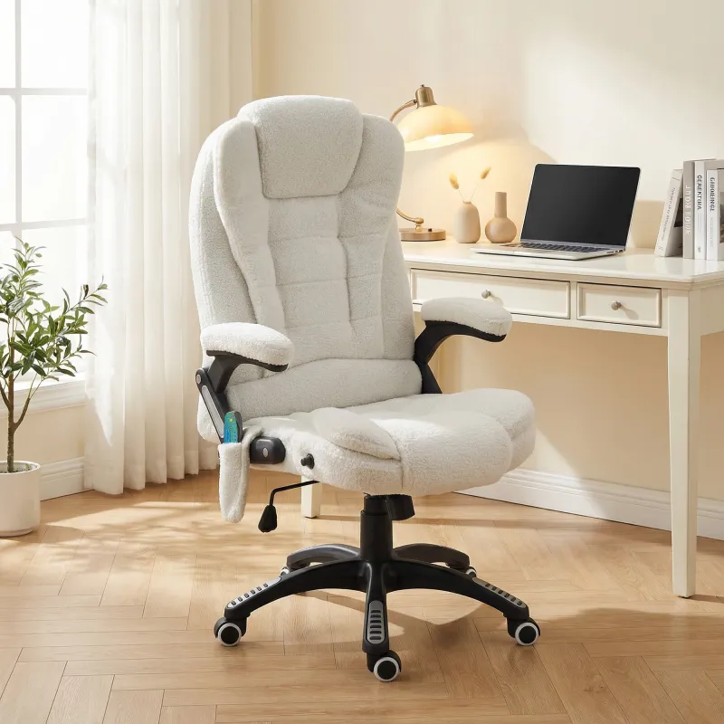 Silla de Oficina con Masaje de 6 Puntos con Función de Calefacción Tejido de Borreguito 67x74x107-116 cm Blanco - Ogal.Es