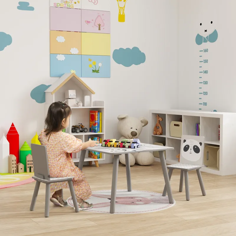 Set de Mesa y 2 Sillas Conjunto de Muebles Infantiles de 3 Piezas para Niños de +3 Años con Cenefa y Panda Gris ... - Ogal.Es