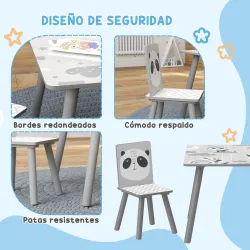 Set de Mesa y 2 Sillas Conjunto de Muebles Infantiles de 3 Piezas para Niños de +3 Años con Cenefa y Panda Gris ... - Ogal.Es