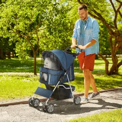 Carrito para Perros Pequeños con Toldo Ajustable Cesta de Almacenaje Portavasos y Ruedas 75x45x97 cm Azul Oscuro - Ogal.Es