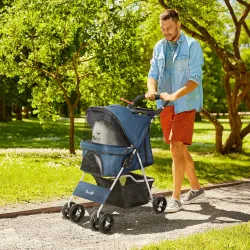 Carrito para Perros con Toldo Ajustable Cesta de Almacenaje y Ruedas con Freno Tela Oxford 77x45x99,5 cm Azul Os... - Ogal.Es