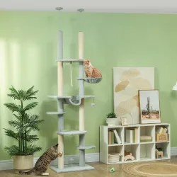 Árbol para Gatos de Suelo a Techo 225-255 cm con Hamacas Plataformas Juguete de Cuerda Bola de Juguete Gris - Ogal.Es