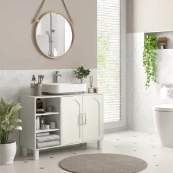Mueble bajo Lavabo Mueble de Baño Moderno con 2 Puertas y Estantes Ajustables 90x30x63 cm Crema - Ogal.Es