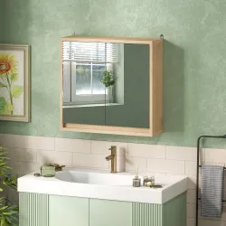 Armario de Baño con Espejo con 2 Puertas y Balda Ajustable Mueble Colgante de Estilo Moderno 48x14,5x45cm Natural - Ogal.Es