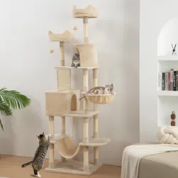 Árbol Rascador para Gatos Grande Altura 206 cm con Múltiples Niveles Cuevas Bolas Colgantes y Hamacas Beige - Ogal.Es