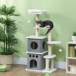 Rascador para Gatos 126 cm Torre para Gatos con Nidos Plataformas Bolas Colgantes y Postes de Sisal Crema - Ogal.Es