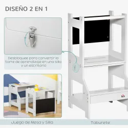 Torre de Aprendizaje 2 en 1 Convertible en Escritorio con Pizarra y Barra de Seguridad 42x44x86 cm Gris - Ogal.Es